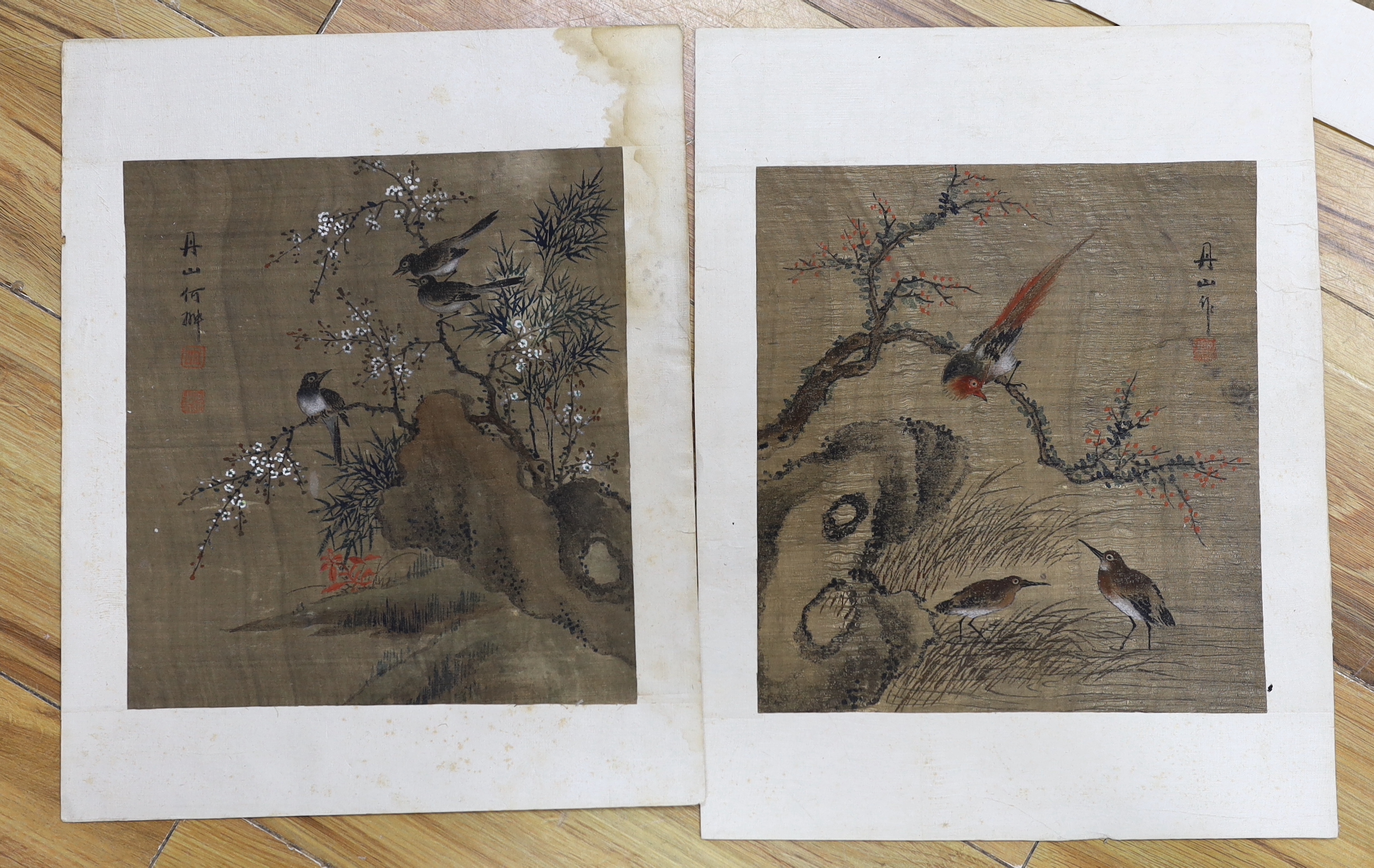 A set of Six Chinese Qing style watercolours, possibly on silk, Birds amongst flowers, 39 x 30cm, unframed